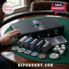 Dallas Cowboys 300-Piece Deluxe Collector Poker Set with blue and silver chips, cards, and metal case on a green table.