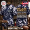 Dallas Cowboys America's Team tie-dye shirt in blue and white featuring team logo, gold text, and rear graphic design.