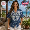Dallas Cowboys Too Old Too Care Club Hawaiian shirt featuring a navy blue tropical floral print and city skyline graphic.