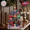 DC Justice League 2026 Personalized Christmas Ornament featuring Batman, Superman, Wonder Woman, and other heroes on a tree.
