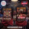 Def Leppard 50 Years Anniversary 1977-2027 T-Shirt with band photos, signatures, leopard graphic, and UK flag background.