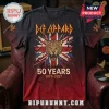 Def Leppard 50 Years Anniversary 1977-2027 T-Shirt features a leopard face over a Union Jack with red lightning graphics.