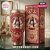 Delta Sigma Theta Crimson and Cream Stanley Tumbler featuring an African American woman, crest, and floral filigree pattern.
