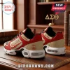 Delta Sigma Theta Crimson Gold Custom Name TN Sneakers featuring sorority branding, red and tan panels, and white soles.