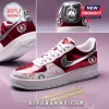 Delta Sigma Theta Crimson Low Top Air Force 1 Sneakers featuring sorority crests, white leather, and red metallic panels.