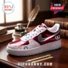 Delta Sigma Theta Crimson Low Top Air Force 1 Sneakers featuring sorority symbols, white laces, and metallic red accents.