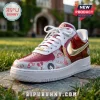 Delta Sigma Theta Crimson Low Top Air Force 1 Sneakers featuring metallic gold swoosh, white laces, and Greek letter motifs.