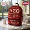 Delta Sigma Theta Embroidered Custom Name Backpack in red featuring Greek letters, diamond icons, and printed quotes.