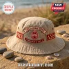 Delta Sigma Theta Grey Embroidered Bucket Hat featuring crimson crest embroidery, 1913, and Greek letters on a beach background.