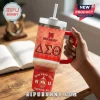 Delta Sigma Theta Omicron Beta Custom Name Stanley Tumbler featuring red Greek letters and organization crest on wood desk.