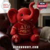 Delta Sigma Theta Red Elephant Plush Toy wearing a crimson shirt with gold Greek letters and an embroidered emblem.