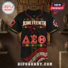 Delta Sigma Theta Sorority Juneteenth baseball jersey in black with red, green, and gold graphic designs and symbols.