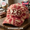 Delta Sigma Theta Sorority Tie Dye Distressed Baseball Cap in red and tan with embroidered Greek letters and EST 1913 text.