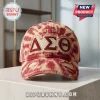 Delta Sigma Theta Sorority Tie Dye Distressed Baseball Cap in red and beige with embroidered Greek letters and Est 1913.