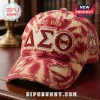 Delta Sigma Theta Sorority Tie Dye Distressed Baseball Cap in red and beige with embroidered Greek letters and symbols.