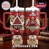 Delta Sigma Theta Stanley Tumbler 40oz featuring red rhinestone texture, golden crests, 1913 text, and elephant motifs.