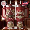 Delta Sigma Theta Stanley Tumbler 40oz featuring red rhinestone texture, golden elephant icons, 1913 text, and Greek letters.