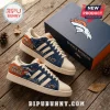 Denver Broncos NFL Casual Sneakers featuring navy blue and orange canvas with team logo, mountain art, and white soles.