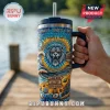 Detroit Lions 1930-2026 Stanley Tumbler 40oz with a beach theme, lion mascot wearing sunglasses, and nautical motifs.