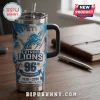 Detroit Lions 96th Anniversary Stanley Tumbler 40oz featuring blue team graphics, claw marks, and metallic silver accents.