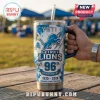 Detroit Lions 96th Anniversary Stanley Tumbler 40oz with team logo, blue paint splatter graphics, and metal straw.