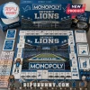 Detroit Lions Collector Monopoly Board Game layout featuring Ford Field, game board, tokens, and cards on blue background.