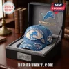 Detroit Lions Distressed Vintage Denim Baseball Cap sitting in a premium black display box with leather textures.