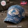 Detroit Lions Distressed Vintage Denim Baseball Cap with blue logo embroidery, frayed edges, and patch details.