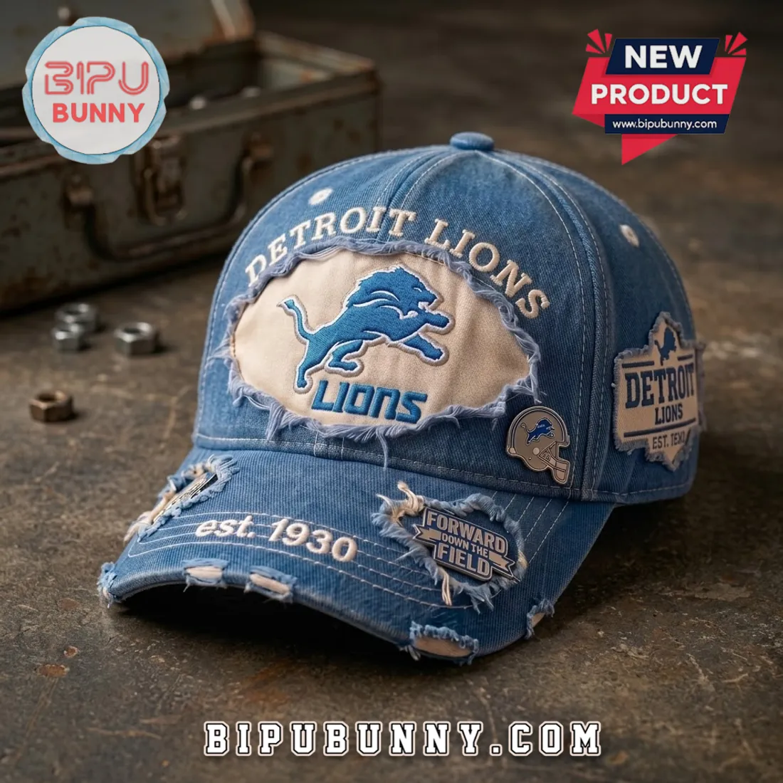 Detroit Lions Distressed Vintage Denim Baseball Cap Detroit Lions Distressed Vintage Denim Baseball Cap