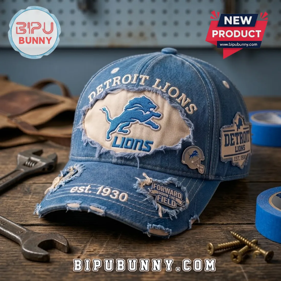 Detroit Lions Distressed Vintage Denim Baseball Cap Detroit Lions Distressed Vintage Denim Baseball Cap