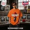 Devo New Wave Are We Not Men Orange T-Shirt worn by a man in sunglasses with band logo and energy dome graphic art.