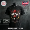 Devo New Wave Are We Not Men orange t-shirt featuring graphic art of energy domes and circuit patterns on black cotton.
