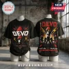 Devo New Wave Are We Not Men Orange T-Shirt featuring graphic band portraits with red energy domes on black fabric.