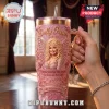 Dolly Parton 1946-2026 Pink Rhinestone 40oz Tumbler featuring a portrait, butterfly wings, floral accents, and text detailing.