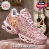 Dolly Parton In Loving Memory 1946-2026 Air Max Plus sneakers in pink with portrait, roses, and memorial script text details.