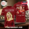 Dolly Parton In Loving Memory red shirt featuring multiple photographic portraits and her printed signature.