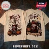Dr Pepper 23 Flavors Fright Edition cream t-shirt with front and back vintage gothic graphics on a stone surface.
