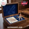 Elvis Presley Emotional Support Keychain set with a miniature Elvis figure inside a blue-lined wooden display box.
