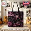 Elvis Presley The King Rock n Roll tote bag with musical notes, rose graphics, and black and pink color scheme.