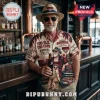 Essendon Bombers AFL Casual Hawaiian Shirt featuring graphic prints of beer, team logos, and text on a beige background.