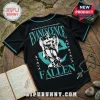 Evanescence Sanctuary Fallen 2026/27 World Tour baseball jersey in black with teal graphic print of a statue and text.