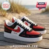 Evanescence World Tour Crack Pattern Air Force 1 sneakers featuring red and black leather with white details on a dock.