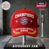 FC Bayern Munchen 2025 Champions Red Baseball Cap featuring white embroidered text, the team crest, and golden laurels.