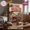 Fire Rescue 24-Day Diecast Metal Vehicle Advent Calendar box with three toy emergency vehicles on a wooden table.