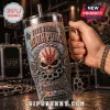 Five Finger Death Punch Got Your Six 40oz Tumbler with skull, brass knuckles, and chain detailing on a metallic blue surface.