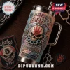 Five Finger Death Punch Got Your Six 40oz tumbler with a skull, brass knuckles, and metallic industrial details.