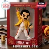 Freddie Mercury Crocheted Yarn Car Ornament wearing a yellow jacket and white trousers, displayed in a red presentation box.