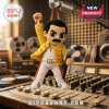 Freddie Mercury Crocheted Yarn Car Ornament wearing a yellow jacket and white trousers, hanging in a recording studio.