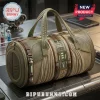 Futuristic Space Tactical Travel Duffle Bag in olive green with brown leather straps and glowing tech interface accents.