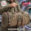 Futuristic Space Tactical Travel Duffle Bag with olive fabric, dark brown leather accents, and integrated LED control panels.